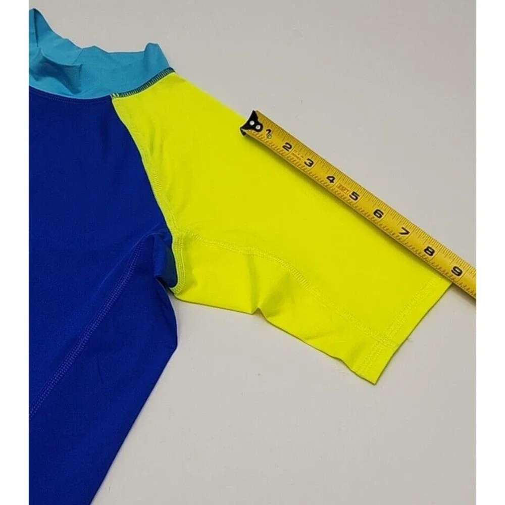 Lands End Rash Guard Swim Shirt Blue Yellow Short Sleeve Boy Youth XL 14-16 Mock